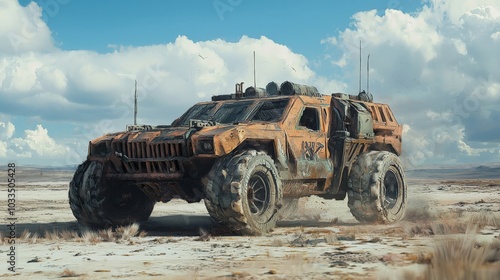 Post-apocalyptic design of a vehicle equipped to survive in a harsh, desolate environment