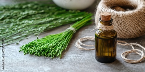 Fresh wheatgrass, a bottle, and twine on a light backdrop.