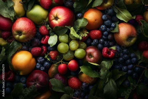 A vibrant assortment of fresh fruits, including apples, pears, grapes, strawberries, blueberries, and raspberries, arranged in a close-up, overhead view.