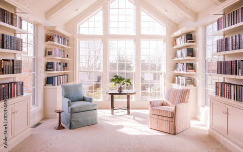 home library with comfortable armchair by the window