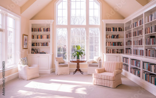 modern living room with compact shelves books on the walls