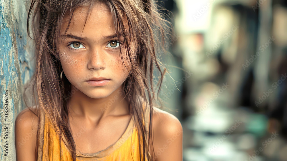 A young homeless girl in a slum with a sad expression, standing against a street wall, embodying the harsh realities of urban poverty and isolation A young homeless girl in a slum with a sad expression, standing against a street wall, embodying the harsh realities of urban poverty and isolation