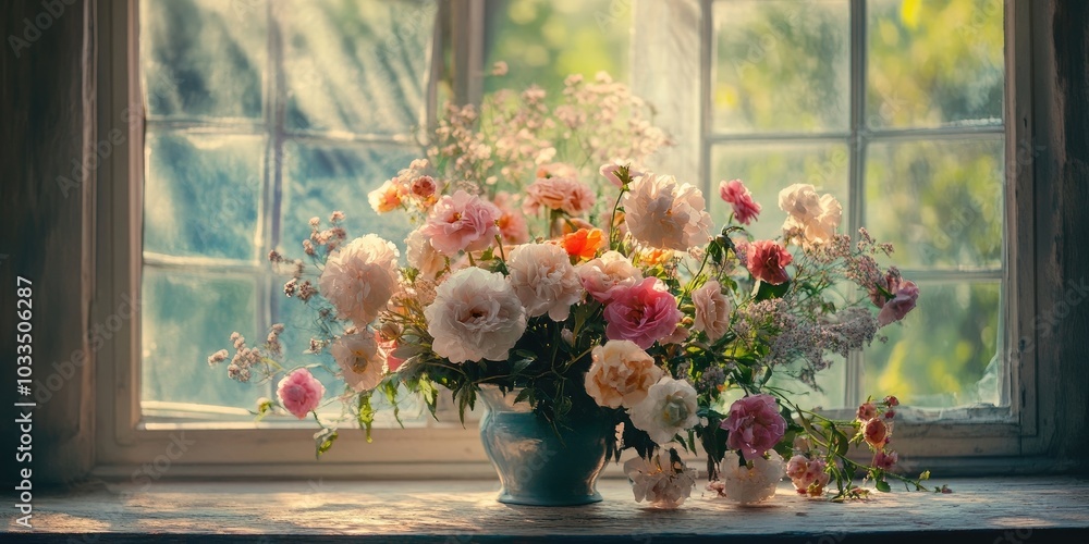 A bouquet of flowers in front of an antique vintage window.