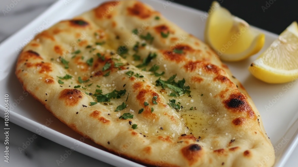 Freshly Baked Naan Bread with Herbs and Lemon Wedges Freshly Baked Naan Bread with Herbs and Lemon Wedges