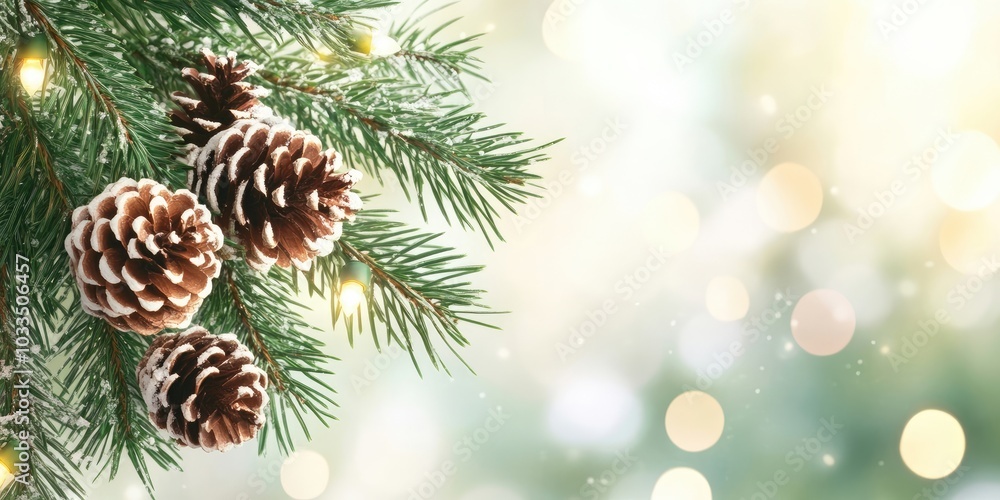 Christmas festive backdrop featuring copyspace. Cones on a fir tree branch. New Year poster for design purposes. Christmas festive backdrop featuring copyspace. Cones on a fir tree branch. New Year poster for design purposes.