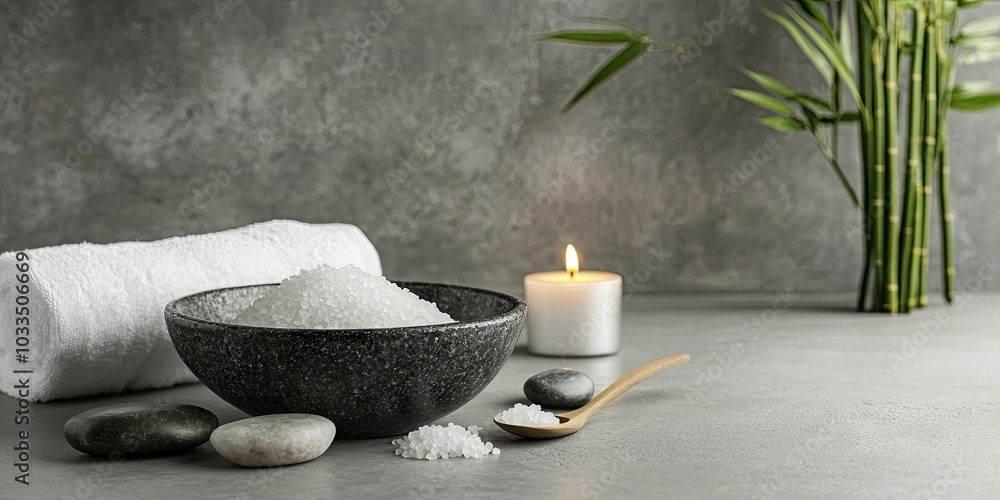 Concept for a spa salon featuring a white bath towel, a bowl of salt, a candle, stones, salt in a spoon, and bamboo set against a gray background, Copy space. Concept for a spa salon featuring a white bath towel, a bowl of salt, a candle, stones, salt in a spoon, and bamboo set against a gray background, Copy space.