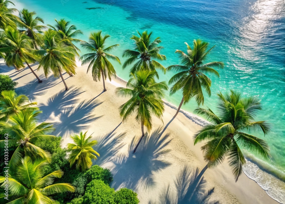 Aerial Photography of Tropical Coconut Palm Trees on a Serene Beach with Crystal Clear Water and White Sand, Ideal for Travel and Nature Photography Aerial Photography of Tropical Coconut Palm Trees on a Serene Beach with Crystal Clear Water and White Sand, Ideal for Travel and Nature Photography
