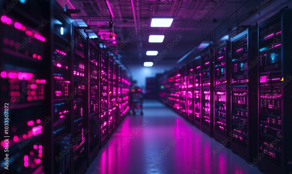 Rows of servers lit in pink neon. Rows of servers lit in pink neon.