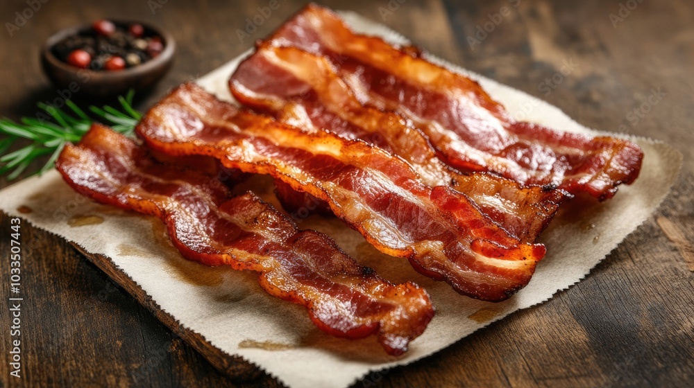 Crispy Bacon Strips on Wooden Table Crispy Bacon Strips on Wooden Table