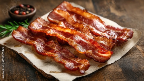 Crispy Bacon Strips on Wooden Table