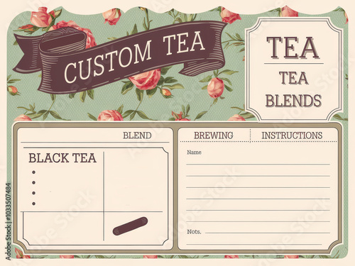 Vintage design custom tea label with floral background and brewing instructions