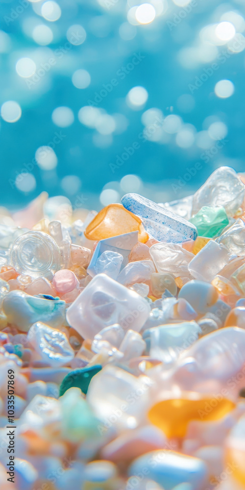 Colorful translucent pebbles with blurred ocean background shining under sunlight Colorful translucent pebbles with blurred ocean background shining under sunlight