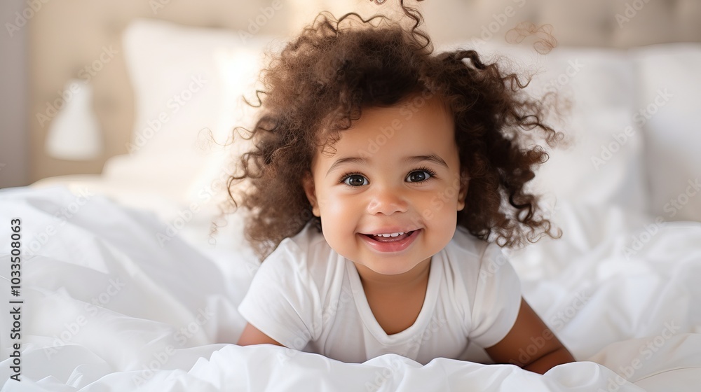 A young girl with curly hair smiles brightly as she lies on a bed. A young girl with curly hair smiles brightly as she lies on a bed.