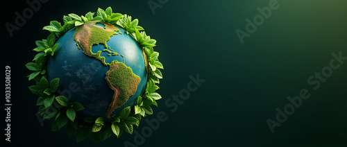 Earth Enveloped by Green Leaves on Dark Background
A depiction of planet Earth surrounded by vibrant green leaves, symbolizing nature and sustainability against a dark backdrop. Perfect for environmen