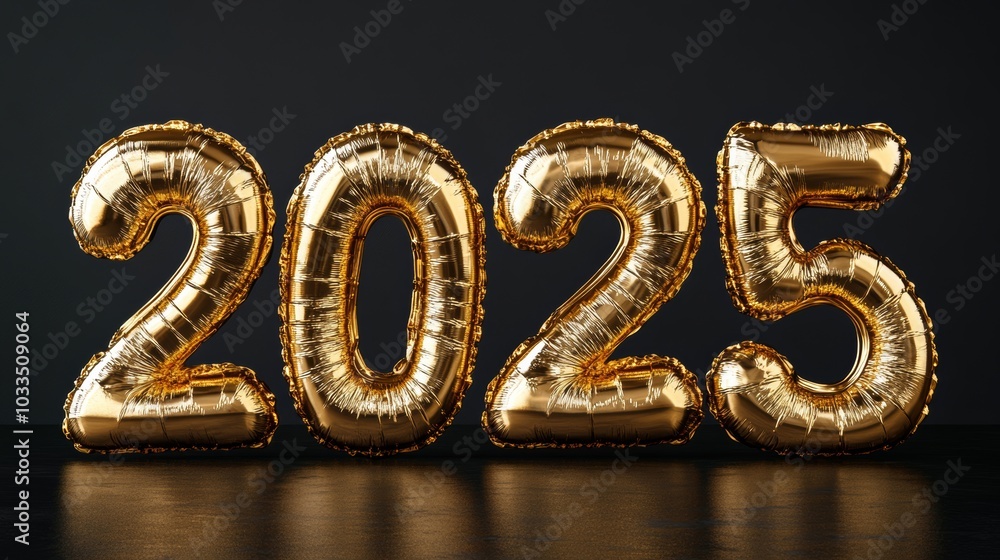 Happy New Year background with 2025 shiny golden numbers made of air balloons isolated on black background. Festive celebration banner Happy New Year background with 2025 shiny golden numbers made of air balloons isolated on black background. Festive celebration banner