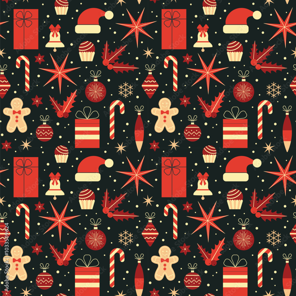 Christmas Seamless Pattern in Vintage Red Colors
