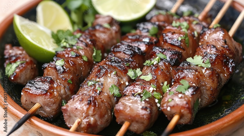 Grilled Skewers with Herbs and Lime on a Plate Grilled Skewers with Herbs and Lime on a Plate