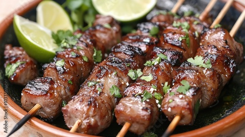 Grilled Skewers with Herbs and Lime on a Plate