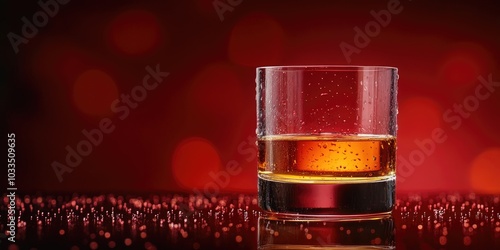 Whiskey glass with water droplets on a red and black backdrop, copyspace. photo