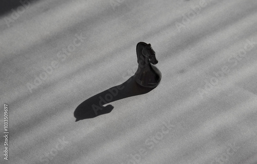 Black chess knight in bright sunlight casting a black shadow on a gray background, unconventional thinking, surprise and flexibility, freedom of thought, risk and adventurousness.