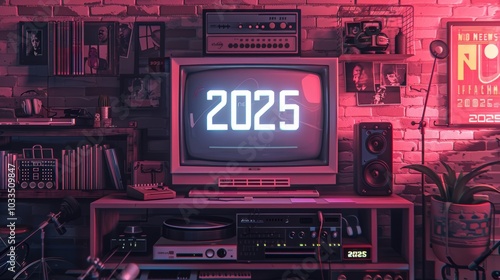 A retro TV set with the numbers 2025 on its screen in vintage room