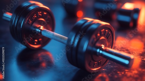 A close-up shot of a black dumbbell on a dark surface with colorful lighting.