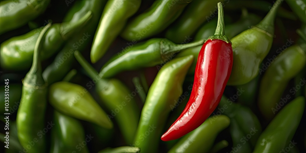 Close-up of a red chili against a background of green chilies, copy space. Close-up of a red chili against a background of green chilies, copy space.