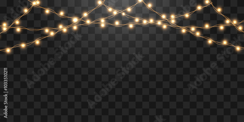 Christmas lights bulbs, glowing garlands string. New Year's party lights, holiday decorations. Winter holiday season element. Vector illustration isolated on png