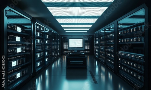 A futuristic server room with rows of data servers. photo