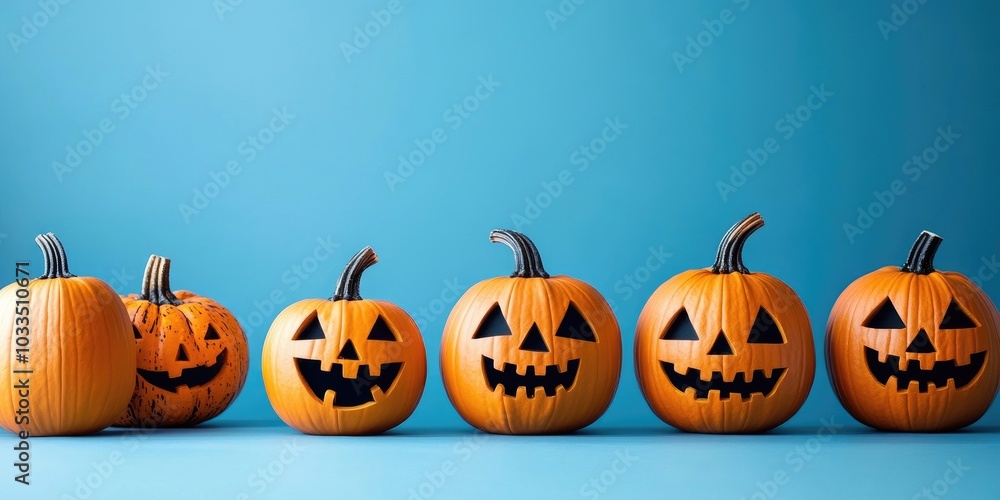 Group of pumpkins for Halloween against a blue background Group of pumpkins for Halloween against a blue background