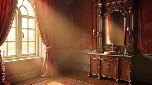 Sunbeams Illuminating a Vintage Washstand in a Room with Red Walls and a Large Window