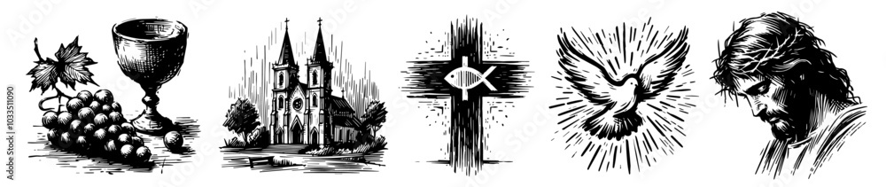 Fototapeta premium sketch-style vector icons representing key spiritual and religious elements