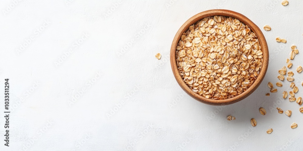 Dry oatmeal in a bowl on a light background. Healthy breakfast. Concept of dieting and weight loss. Flat lay, top view, copyspace. Dry oatmeal in a bowl on a light background. Healthy breakfast. Concept of dieting and weight loss. Flat lay, top view, copyspace.