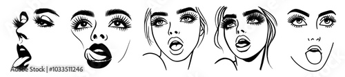 detailed set of hand-drawn sketches of women's faces in line art monoline style black vector