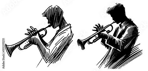 hand-drawn sketch of a human silhouette playing a trumpet in black vector