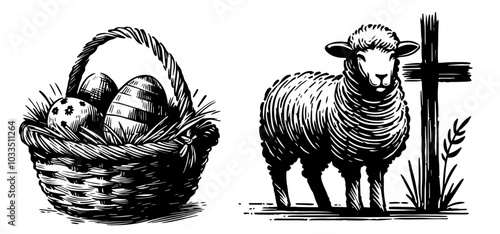 easter basket with eggs and lamb of god hand drawn line art black vector