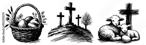 collection of christianity and easter symbols in line art black vector style