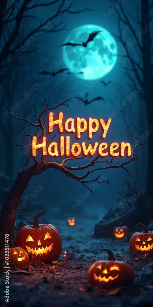 Fototapeta premium Happy Halloween pumpkins, ghost, bat flying, candle, moonnight, banner design