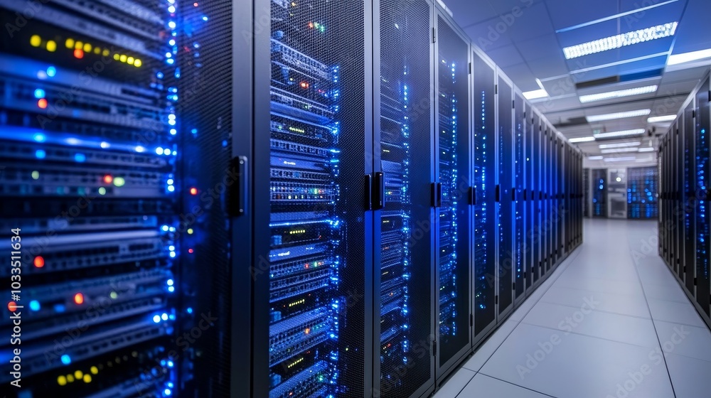 Heartbeat of the Internet - A data server room filled with countless blinking lights and humming machines. Heartbeat of the Internet - A data server room filled with countless blinking lights and humming machines.