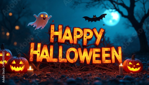 Happy Halloween text design in bold, colorful letters, surrounded by carved pumpkins with eerie faces, a cartoonish ghost floating nearby, a bat flying above