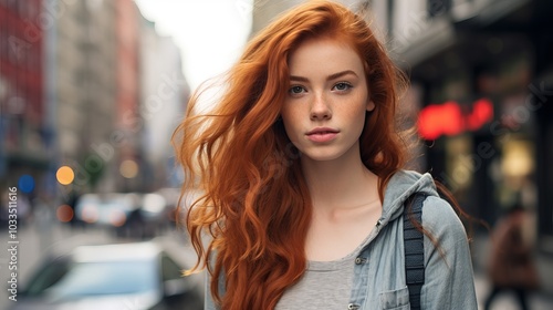 A young woman with long red hair and freckles looks directly at the camera in an urban setting.