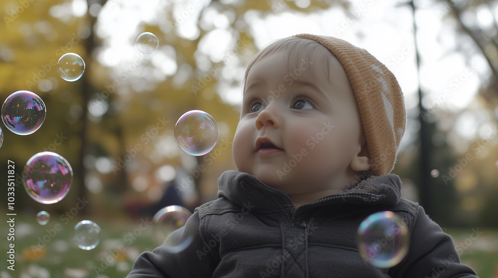 Baby Watching Bubbles Floating in the Air Baby Watching Bubbles Floating in the Air