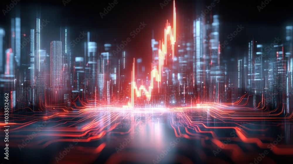 Abstract digital landscape with glowing lines and upward trend, representing technology, growth, and innovation. Abstract digital landscape with glowing lines and upward trend, representing technology, growth, and innovation.