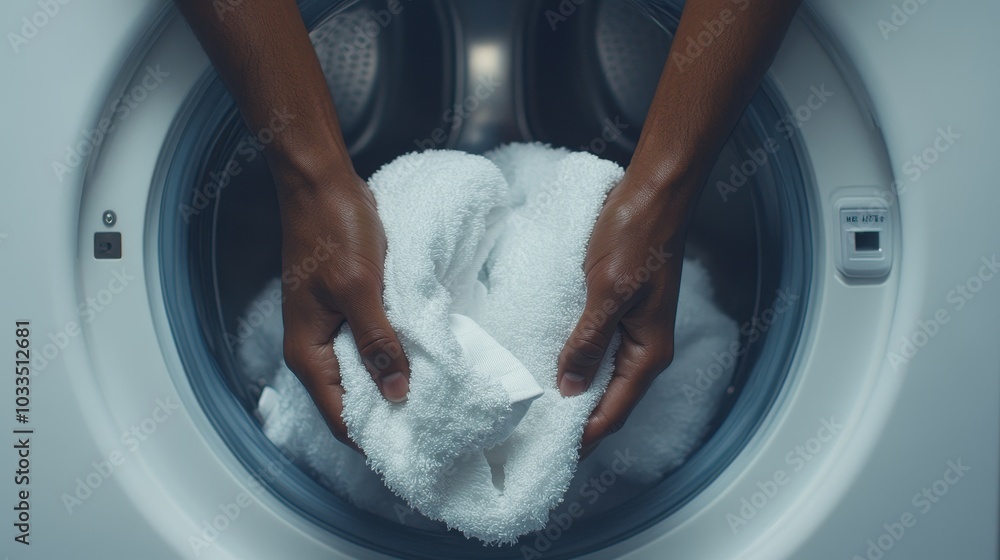 Hotel-Quality Towels: Close-up of hands pulling a soft, white towel from a washing machine, highlighting the luxurious texture and inviting feel. Hotel-Quality Towels: Close-up of hands pulling a soft, white towel from a washing machine, highlighting the luxurious texture and inviting feel.