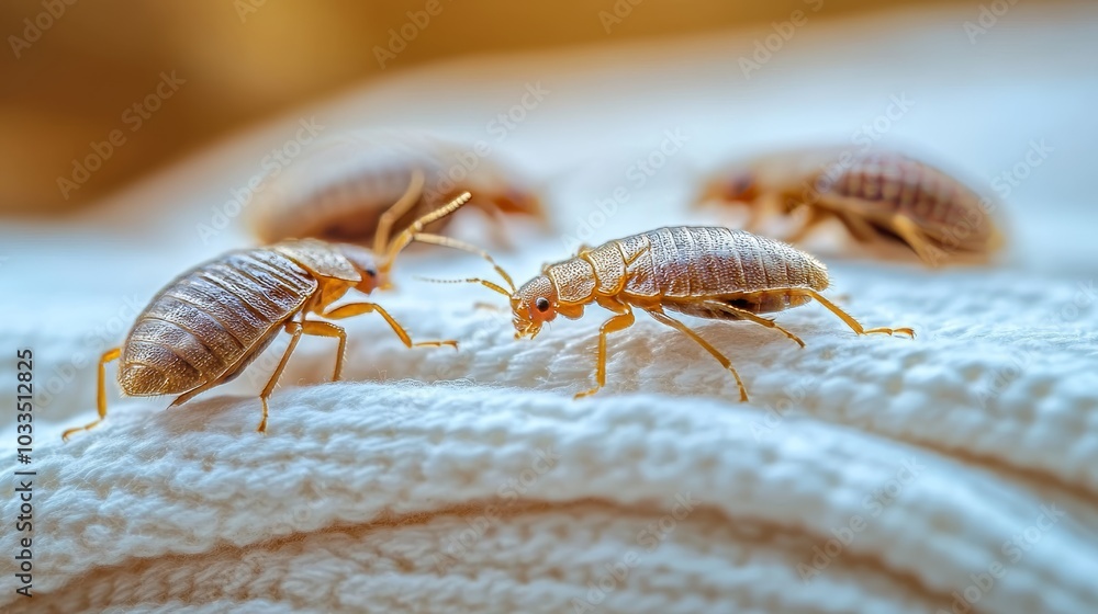 Close-up of Bed Bug Infestation on Fabric - Macro Photography Revealing Pest Problem in Apartment Bedroom. Close-up of Bed Bug Infestation on Fabric - Macro Photography Revealing Pest Problem in Apartment Bedroom.
