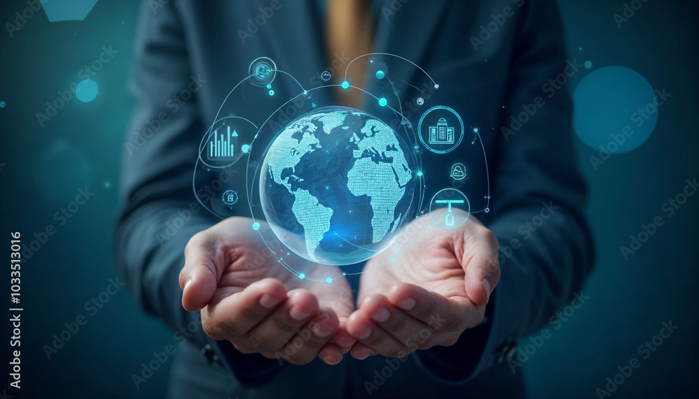 A male hand of Asian descent holding a glowing globe depicting digital marketing A male hand of Asian descent holding a glowing globe depicting digital marketing