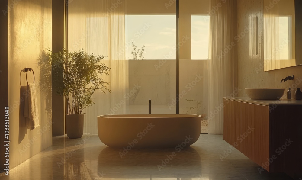 Modern bathroom with bathtub, sink, and plant. Modern bathroom with bathtub, sink, and plant.