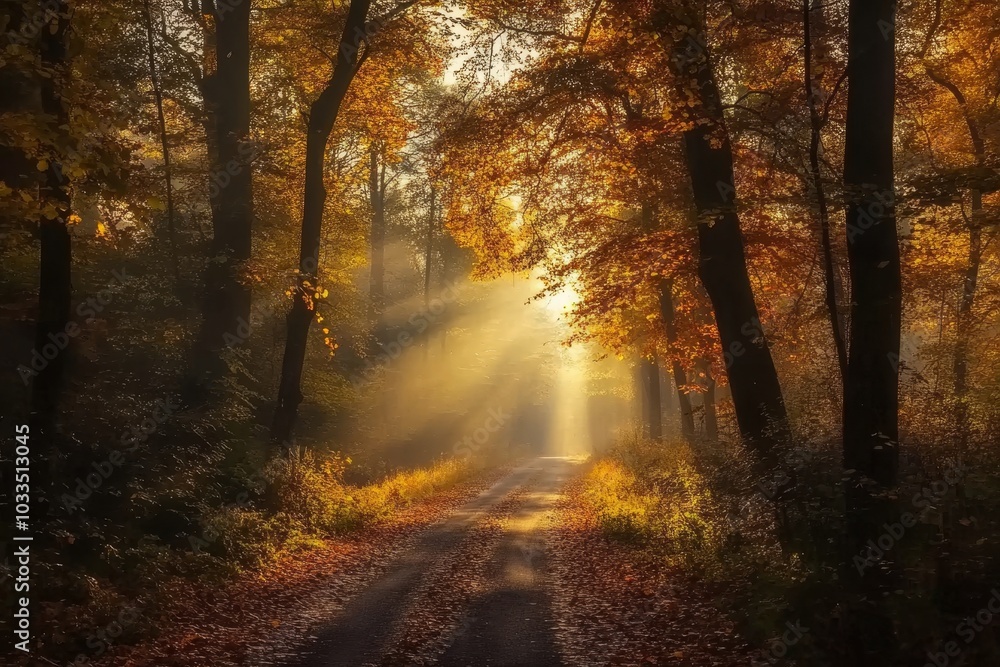 A sunlit path cuts through a misty autumn forest, with golden leaves falling on the ground. A sunlit path cuts through a misty autumn forest, with golden leaves falling on the ground.