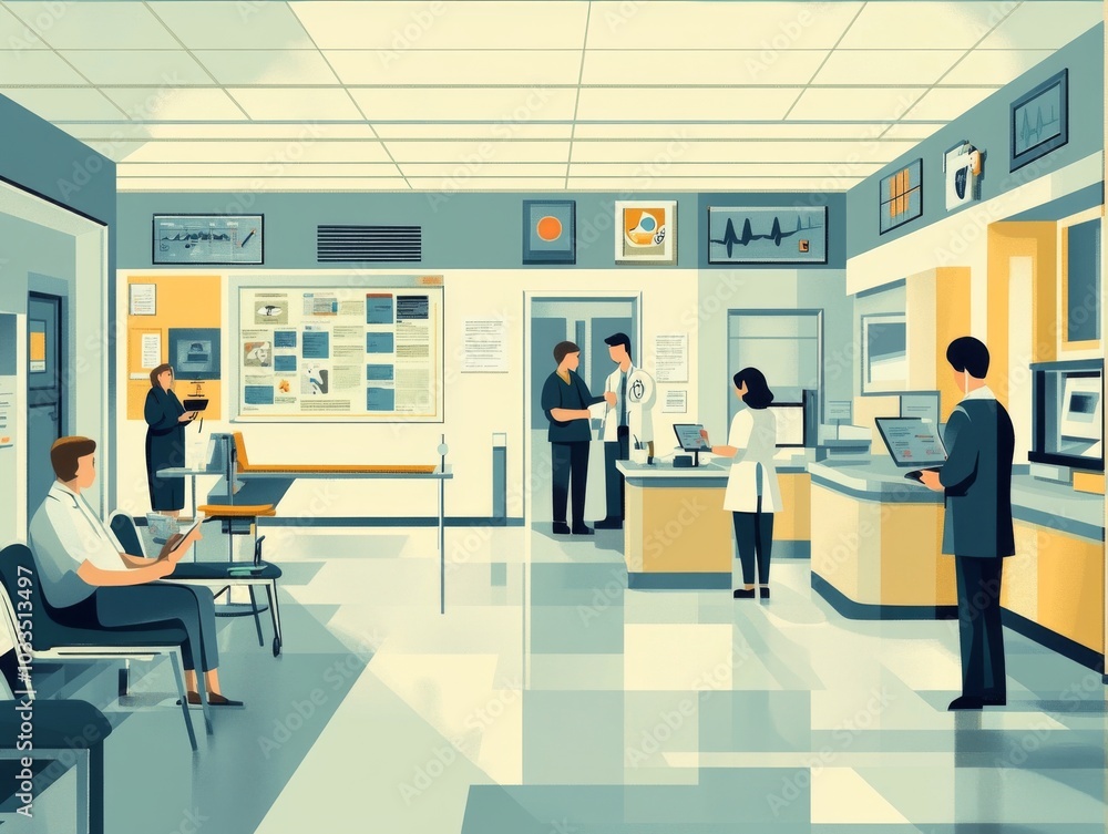 2408 63.A busy medical clinic scene in flat vector style, depicting patients interacting with doctors, nurses conducting tests, and researchers reviewing data. The clinic layout includes consultation 2408 63.A busy medical clinic scene in flat vector style, depicting patients interacting with doctors, nurses conducting tests, and researchers reviewing data. The clinic layout includes consultation