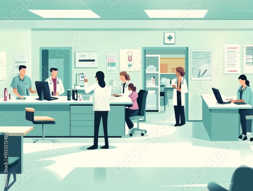 2408 63.A busy medical clinic scene in flat vector style, depicting patients interacting with doctors, nurses conducting tests, and researchers reviewing data. The clinic layout includes consultation